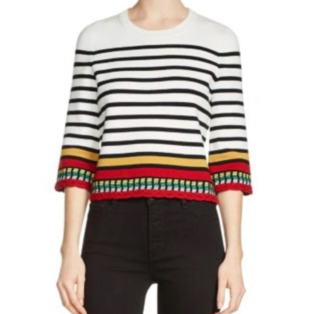 Maje White Multicolor Montani Crewneck Crochet Trim Cropped Sweater Size Small
